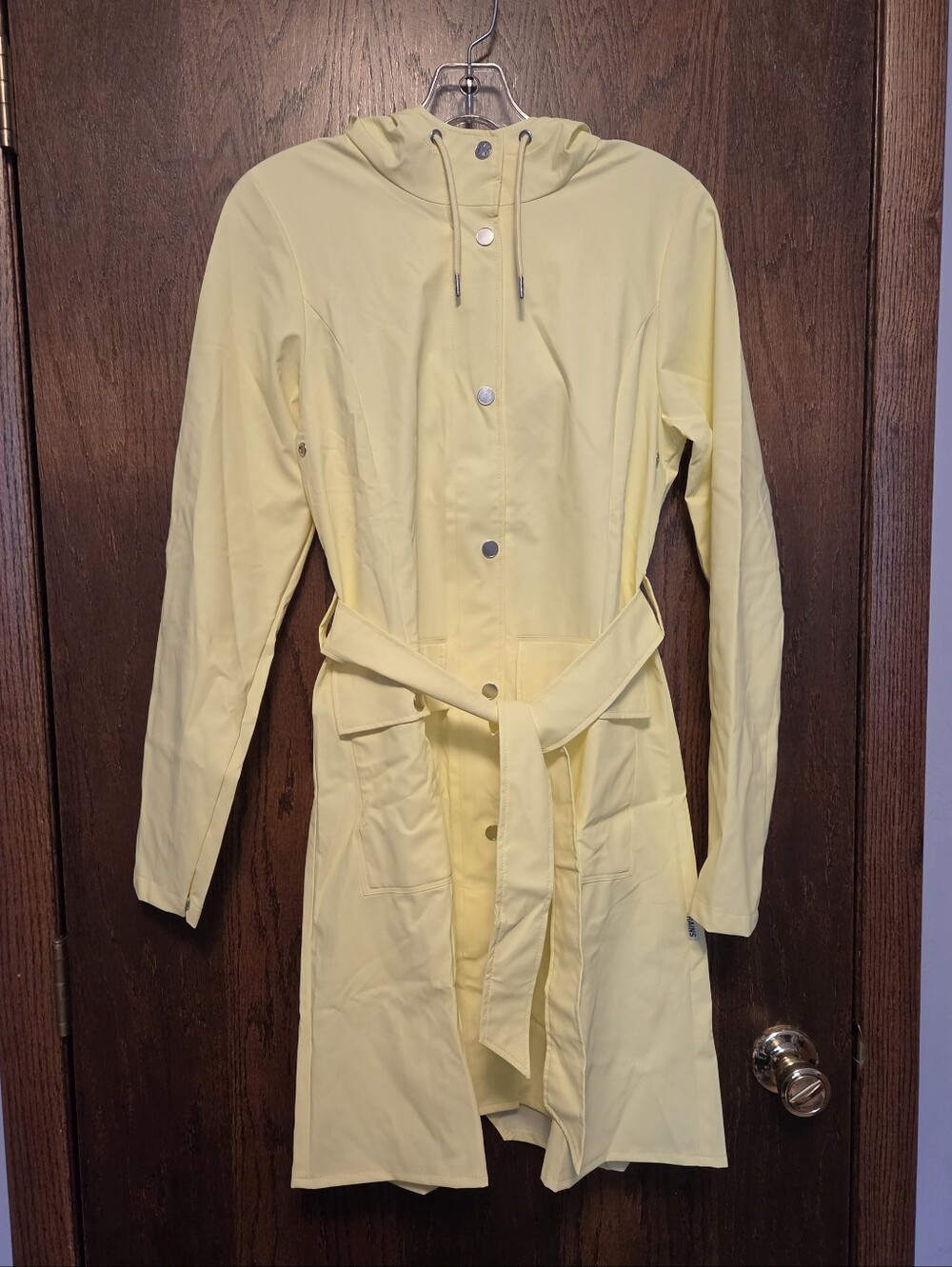Rains Curve W Jacket Straw Yellow Hooded Trench Coat with Belt
